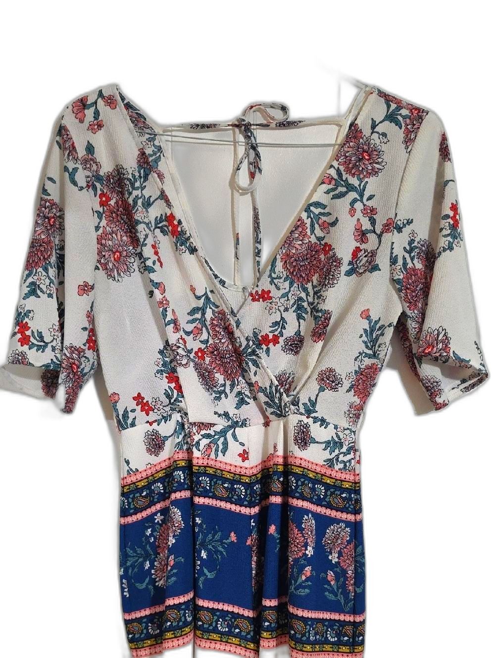 Blue Rain Floral V-Neck Romper shorts in Ivory, Navy & Pink